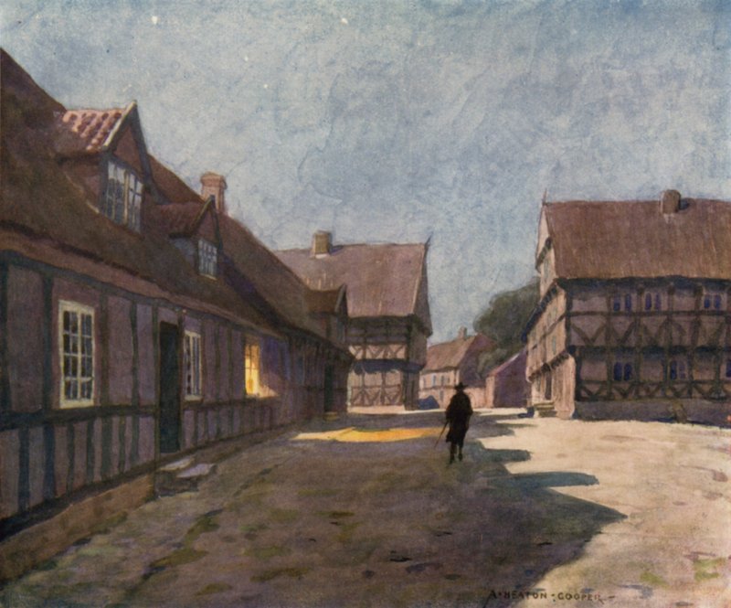Danmark: Århus, Gamla stan (färg litho) av Alfred Heaton Cooper