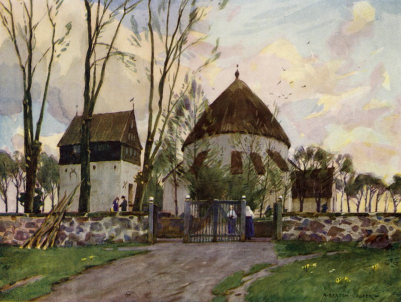 Danmark: Bornholm, Österlars kyrka (färg litho) av Alfred Heaton Cooper
