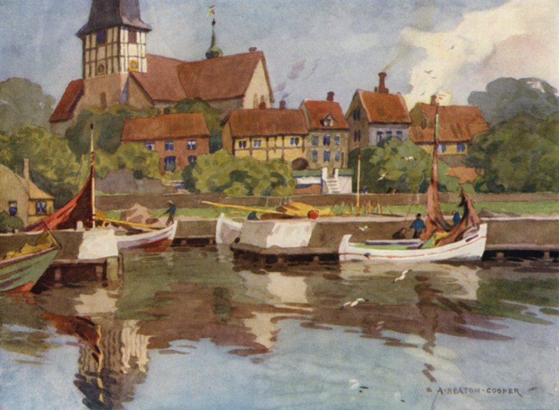 Danmark: Bornholm, Rønne hamn (färg litho) av Alfred Heaton Cooper
