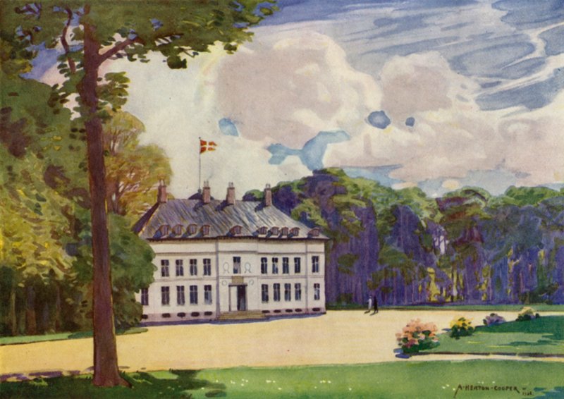 Danmark: Köpenhamn, Bernstorf Palace (färg litho) av Alfred Heaton Cooper