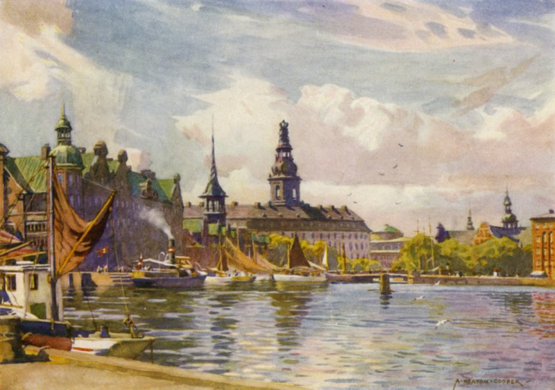 Danmark: Köpenhamn, Christiansborg slott (färg litho) av Alfred Heaton Cooper