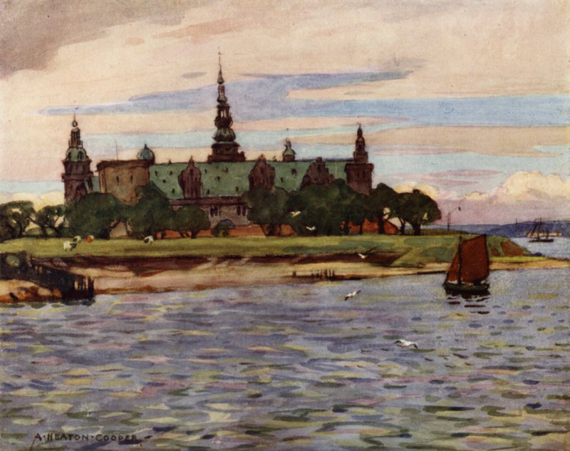 Danmark: Helsingör, Kronborgs slott (färg litho) av Alfred Heaton Cooper