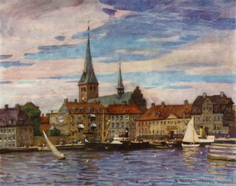 Danmark: Helsingör, Shakespeares "Helsingör" (färgade medlemmar) av Alfred Heaton Cooper