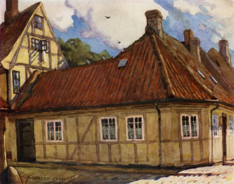 Danmark: Odense, Hans Andersens födelseplats (färg litho) av Alfred Heaton Cooper