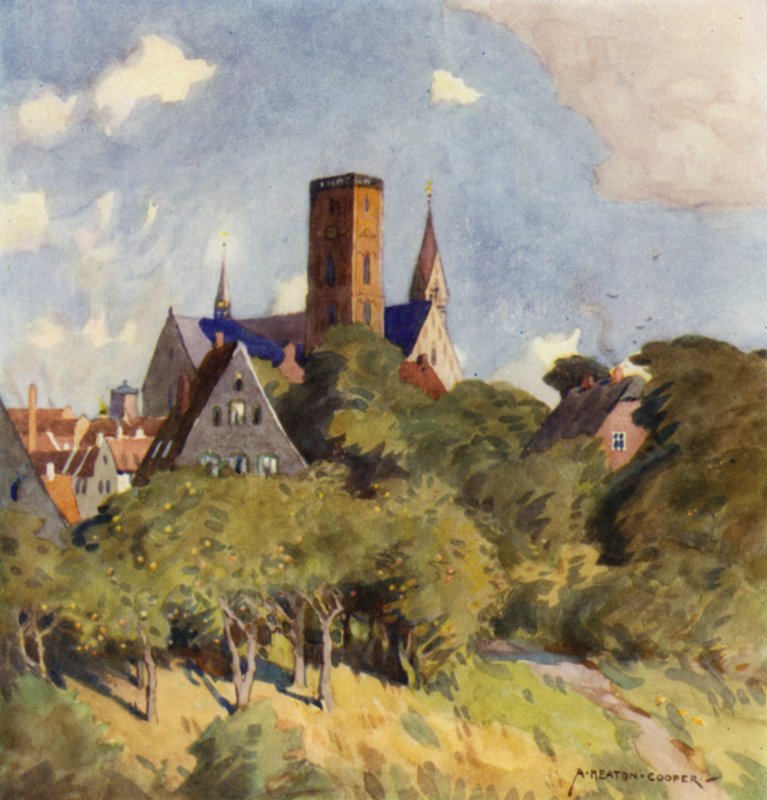 Danmark: Ribe, en medeltida stad i norra Slesvig (färg litho) av Alfred Heaton Cooper