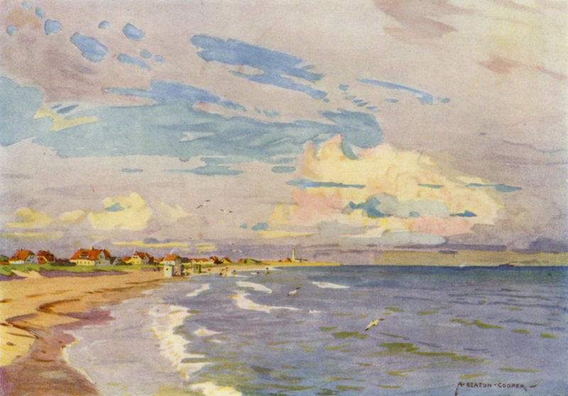 Danmark: Skagen, Badning om kvällen (färg litho) av Alfred Heaton Cooper