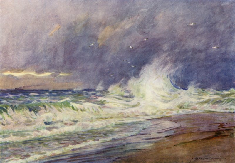 Danmark: Skagen, mötet mellan Nordsjön och Kattegatt (färg litho) av Alfred Heaton Cooper