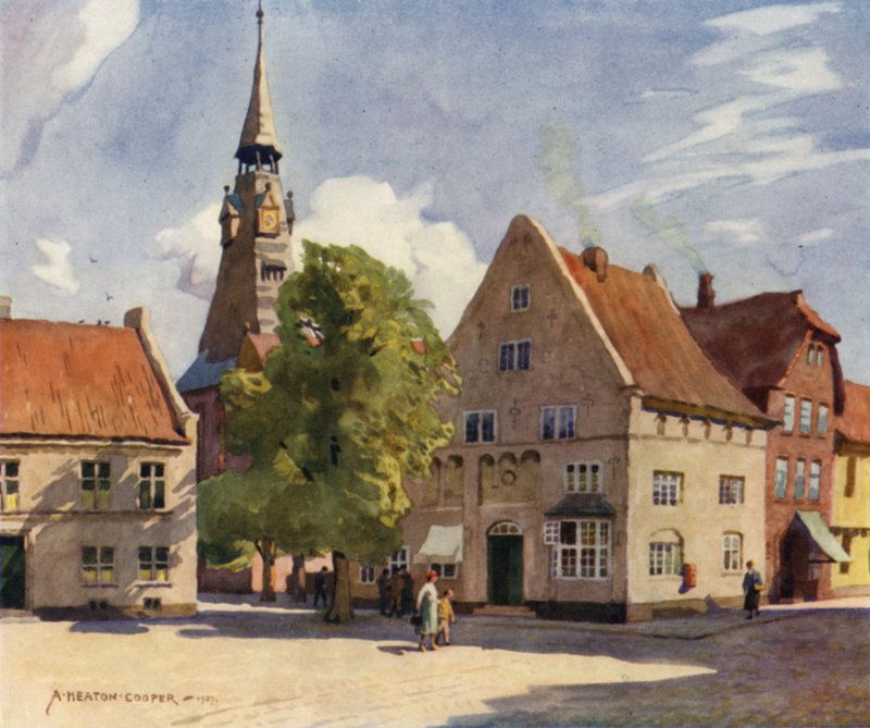 Danmark: Tonder, en medeltida stad i norra Slesvig (färg litho) av Alfred Heaton Cooper
