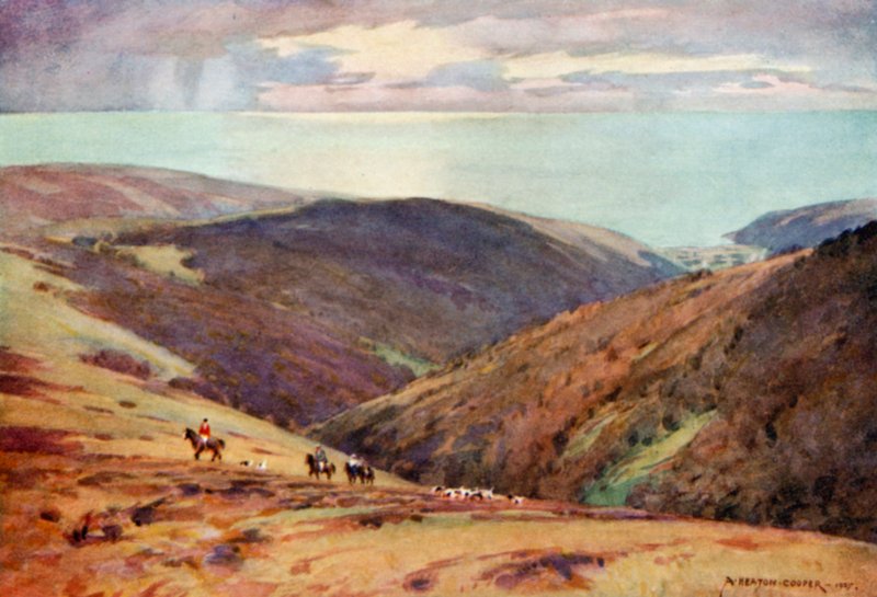 Jaga kronhjorten på Exmoor, Vale of Porlock (färg litho) av Alfred Heaton Cooper