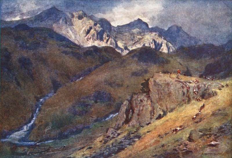 Lake District: En rävjakt i fjällen, Eskdale och Scawfell (färglitografi) av Alfred Heaton Cooper