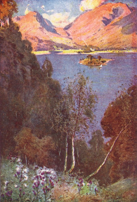 Lake District: En glimt av Grasmere, kvällssol (färglitografi) av Alfred Heaton Cooper