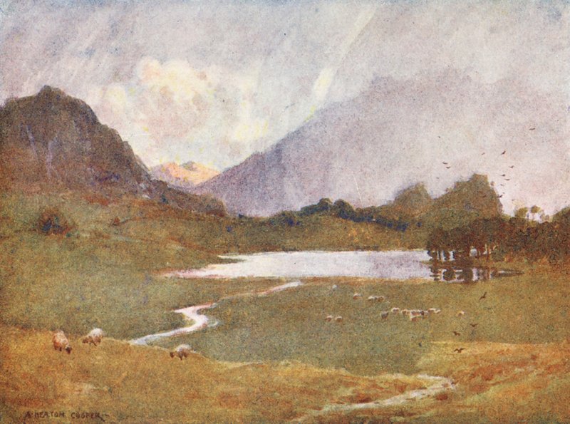 Lake District: En plötslig dusch, Blea Tarn (färglitografi) av Alfred Heaton Cooper