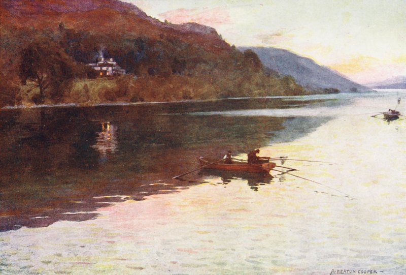 Lake District: Brantwood, Coniston Lake, rödingfiske (färglitografi) av Alfred Heaton Cooper