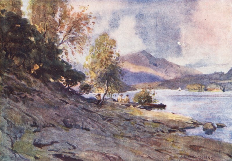 Lake District: Vid stranden av Derwentwater (färglitografi) av Alfred Heaton Cooper