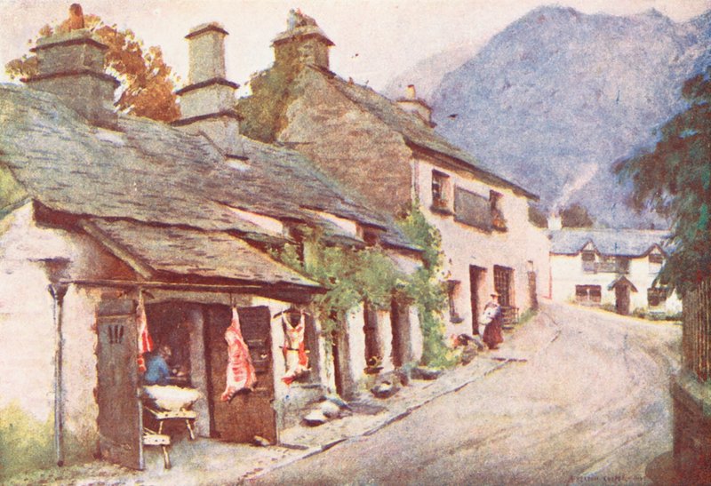 Lake District: Coniston Village, den gamla slaktarens butik (färglitografi) av Alfred Heaton Cooper