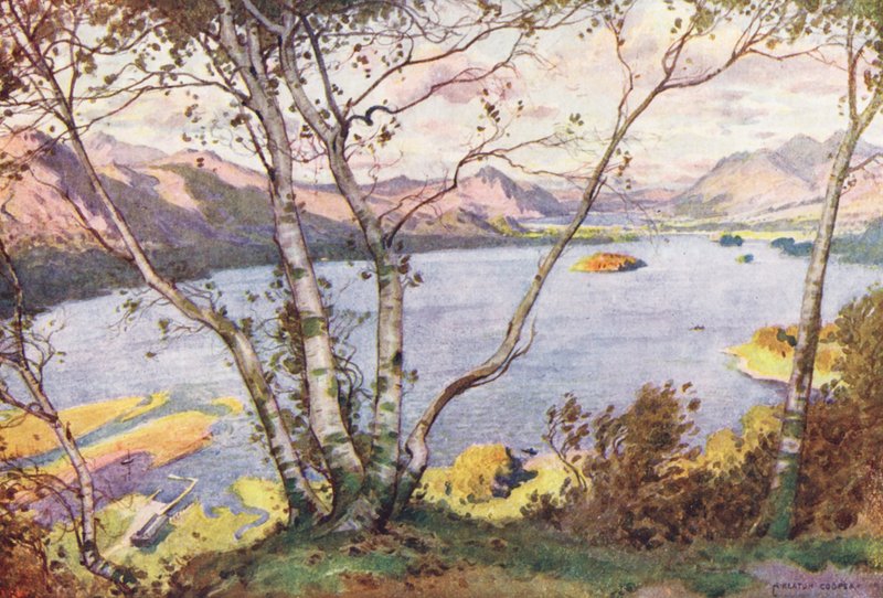 Lake District: Derwentwater och Bassenthwaite Lake, från High Lodore (färglitografi) av Alfred Heaton Cooper