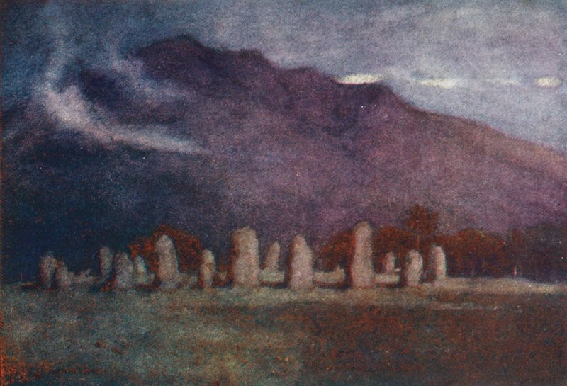 Lake District: Druid Circle, nära Keswick, månsken (färglitografi) av Alfred Heaton Cooper
