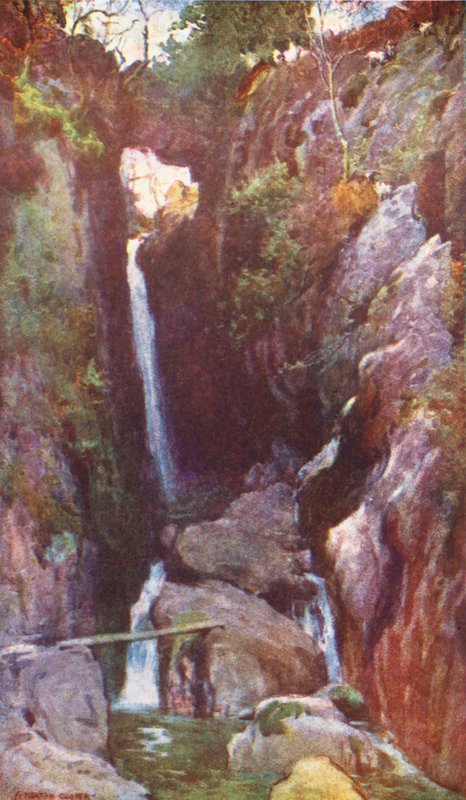 Lake District: Dungeon Ghyll Force, Langdale (färglitografi) av Alfred Heaton Cooper