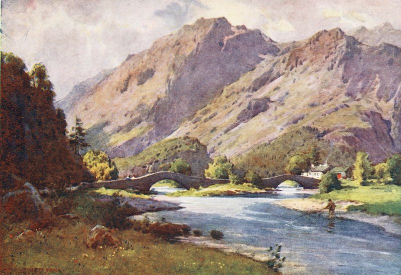 Lake District: Grange i Borrowdale, tidig morgon (färglitografi) av Alfred Heaton Cooper