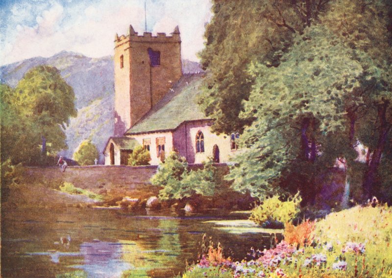 Lake District: Grasmere Church (färglitografi) av Alfred Heaton Cooper