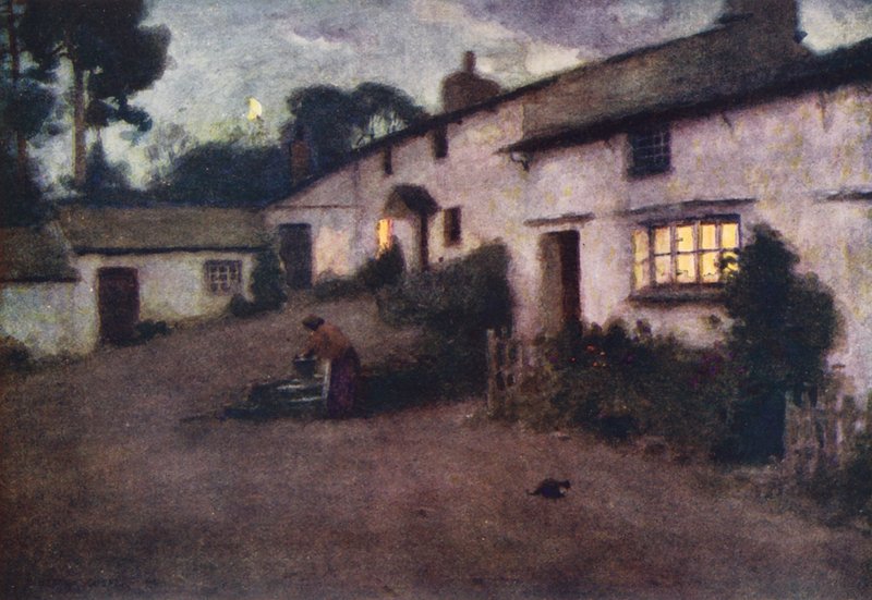 Lake District: Moonlight and Lamplight, Coniston (färglitografi) av Alfred Heaton Cooper
