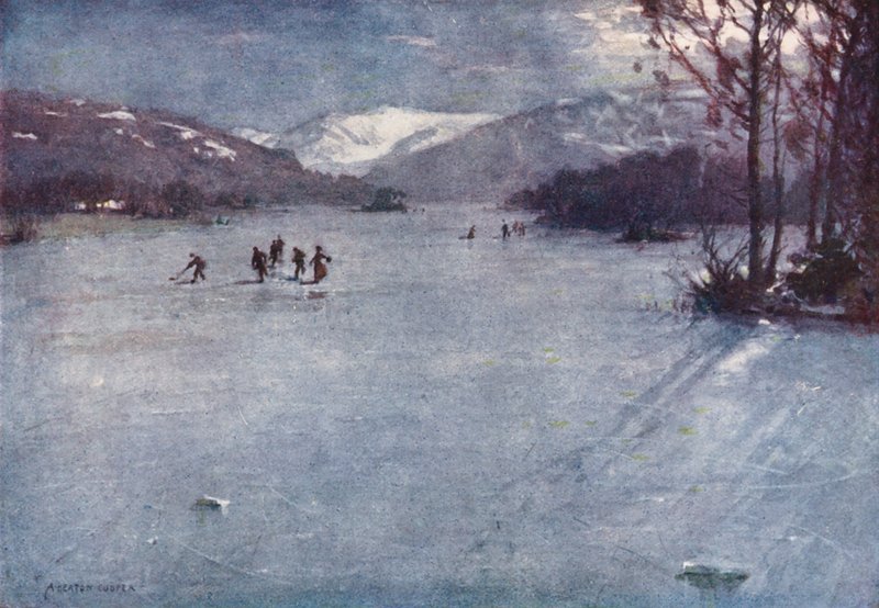 Lake District: Nära färjan, Windermere, skridskoåkning i månskenet (färglitografi) av Alfred Heaton Cooper