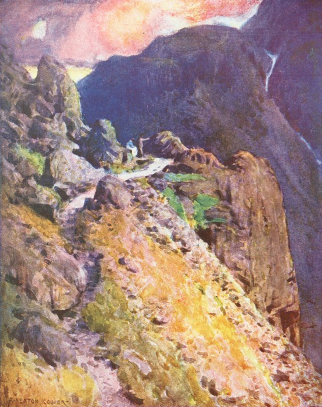 Lake District: Närmar sig toppen av Styhead Pass, Wastdale (färglitografi) av Alfred Heaton Cooper