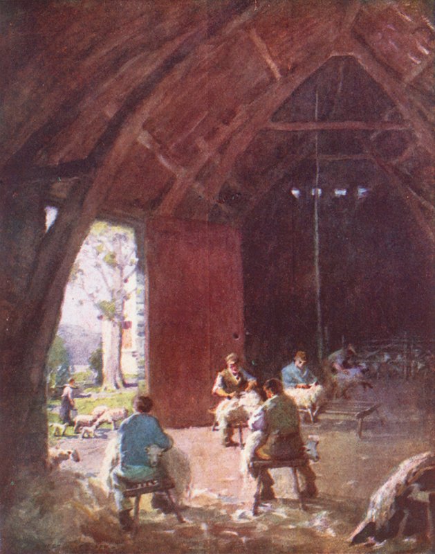 Lake District: Fårklippning, Esthwaite Hall Farm (färglitografi) av Alfred Heaton Cooper