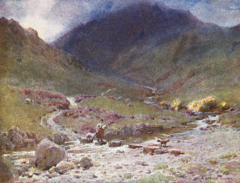 Lake District: Stepping-stones, Far Easedale, Grasmere (färglitografi) av Alfred Heaton Cooper