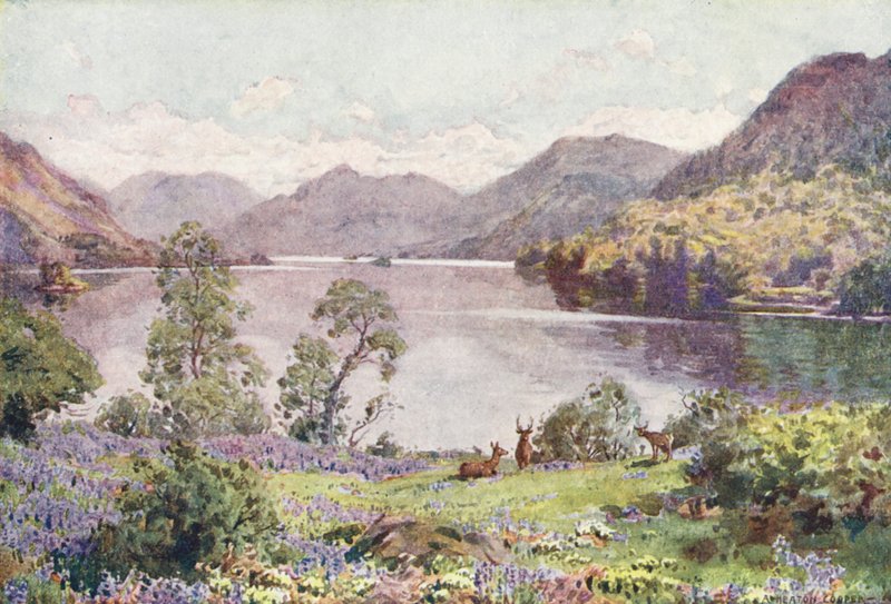 Lake District: Ullswater, från Gowbarrow Park, en kvav junimorgon (färglitografi) av Alfred Heaton Cooper