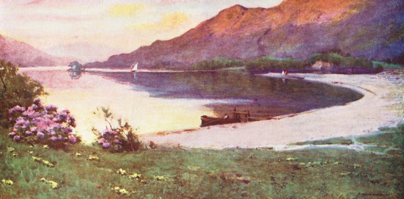 Lake District: Ullswater, Silver Strand, efterglöd (färglitografi) av Alfred Heaton Cooper