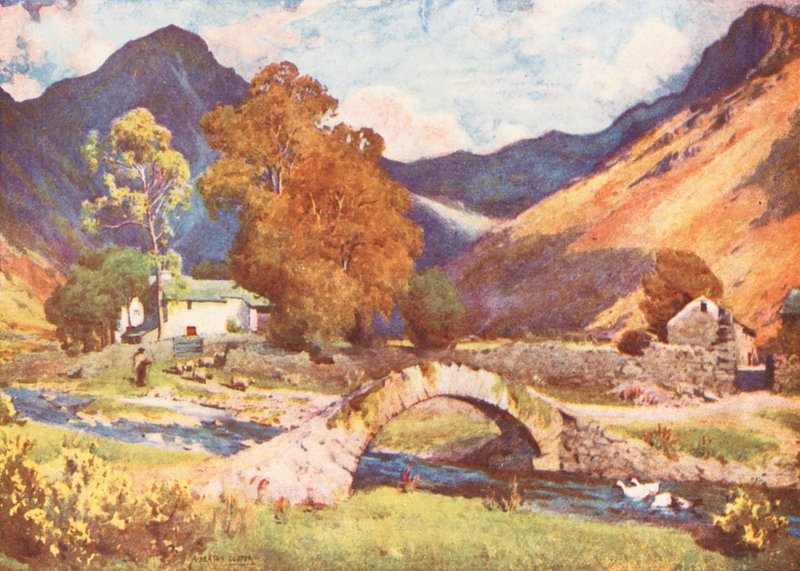 Lake District: Wastdalehead och Great Gable, mot kvällen på hösten (färglitografi) av Alfred Heaton Cooper