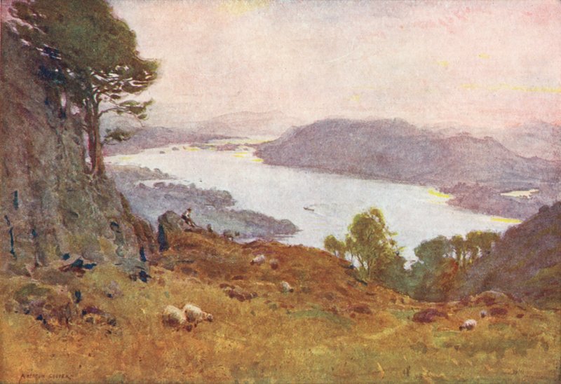 Lake District: Windermere från Wansfell, solnedgång (färglitografi) av Alfred Heaton Cooper
