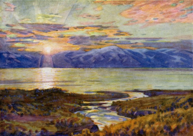 Midnattssol över sjön Torne Trask, från Abisko av Alfred Heaton Cooper