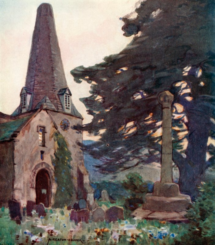 Porlock Church and Cross (färg litho) av Alfred Heaton Cooper
