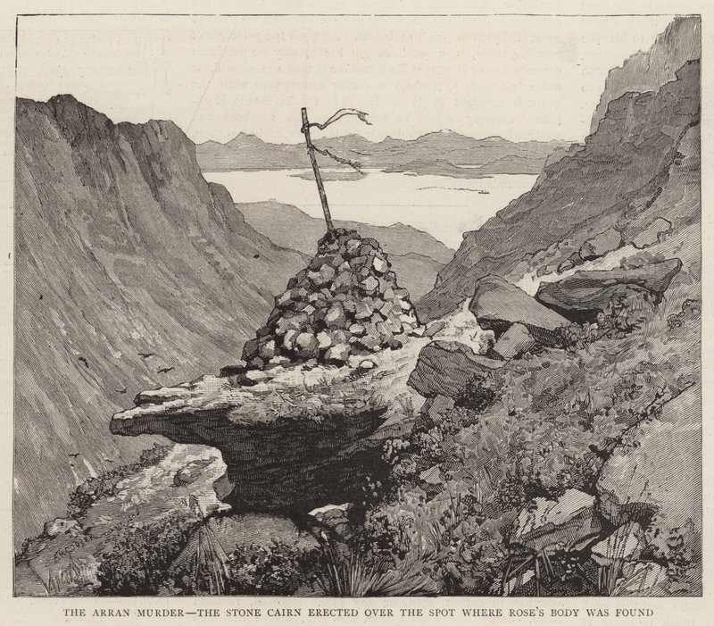 Arranmordet, stenröset som restes över platsen där Roses kropp hittades av Alfred Heaton Cooper