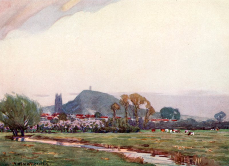Isle of Avalon och Glastonbury Tor (lito i färg) av Alfred Heaton Cooper