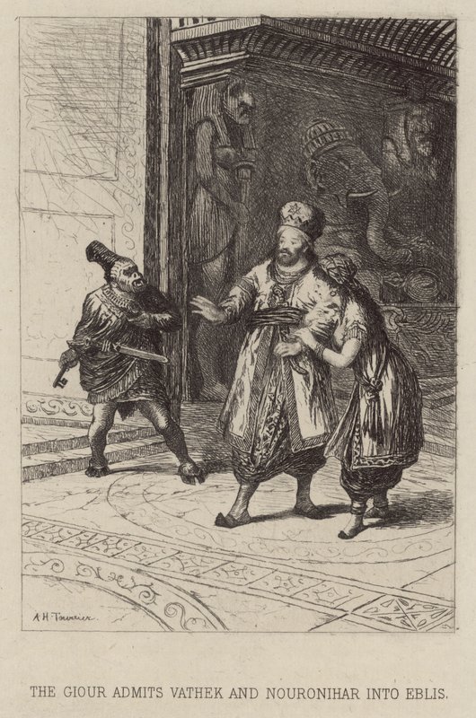 Giouren släpper in Vathek och Nouronihar i Eblis (etsning) av Alfred Holst Tourrier