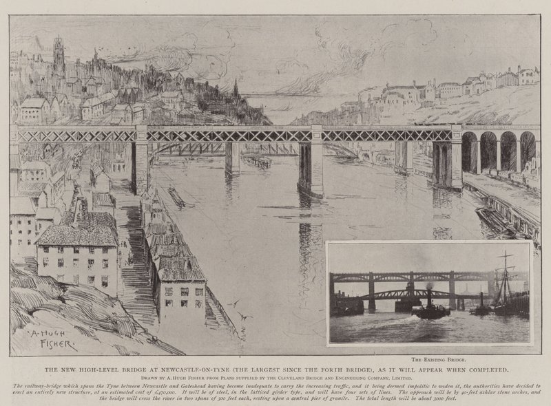 Den nya högnivåbron i Newcastle-on-Tyne (den största sedan den fjärde bron), som den kommer att se ut när den är färdig av Alfred Hugh Fisher