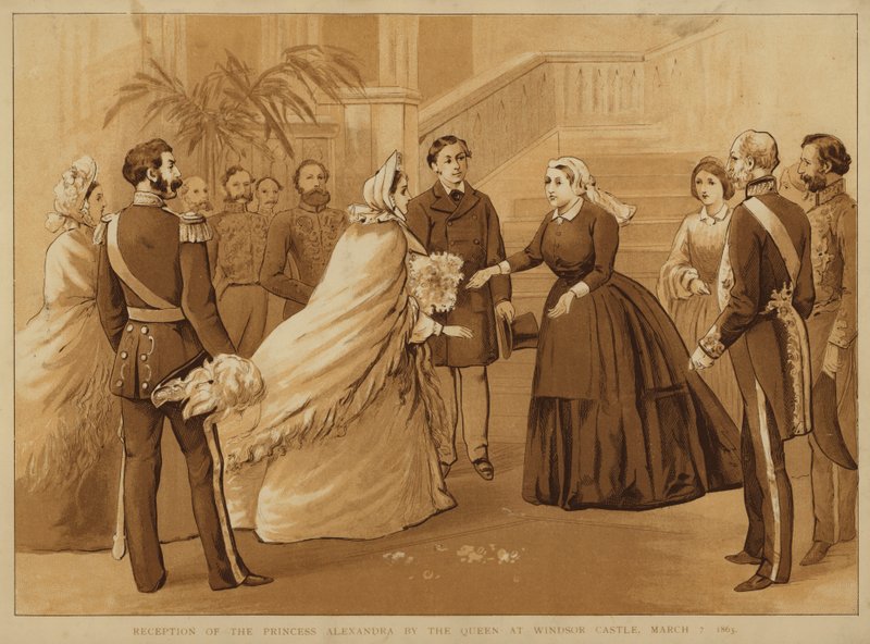 Mottagning av prinsessan Alexandra av drottning Victoria på Windsor Castle, 7 mars 1863 (chromolitho) av Alfred Johnson
