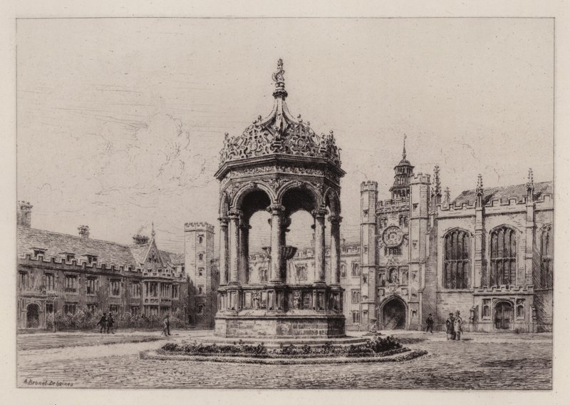 Cambridge: The Great Court of Trinity College (etsning) av Alfred Louis Brunet Debaines