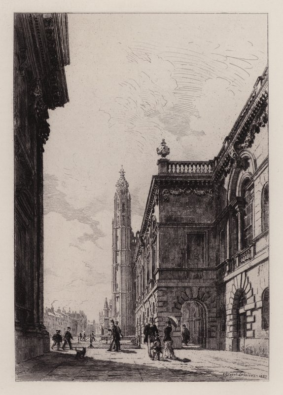 Cambridge: Senatshuset och universitetsbiblioteket (etsning) av Alfred Louis Brunet Debaines