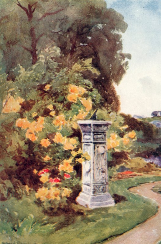 "Soluret stod som trädgårdsguden i Christian Gardens. Det talade om måttligt arbete, om njutning som inte drog ut på tiden efter solnedgången" (färglitografi) av Alfred Rawlings