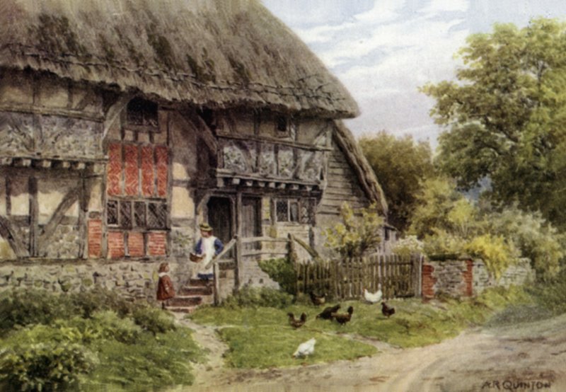 Old Cottage, Bignor, Sussex (färg litho) av Alfred Robert Quinton