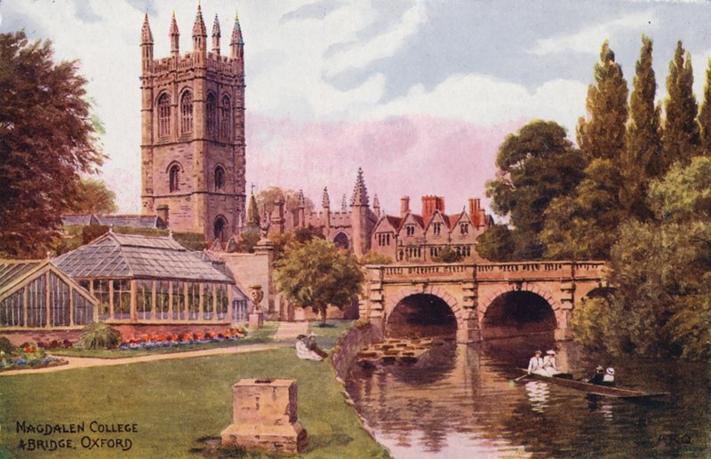 Oxford: Magdalen College och Bridge (färglitografi) av Alfred Robert Quinton