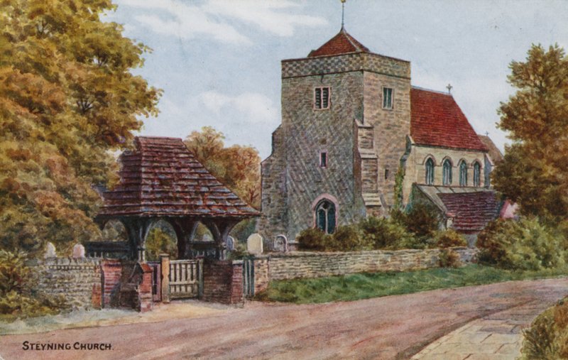 Steyning kyrka (färg litho) av Alfred Robert Quinton