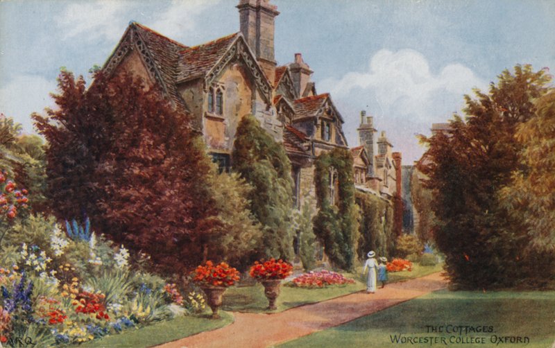 The Cottages, Worcester College, Oxford (färg litho) av Alfred Robert Quinton