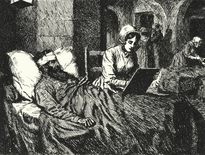 Den engelska sjuksköterskan Florence Nightingale skriver ett brev till en soldat som skadades i Krimkriget på sjukhuset i Scutari, 1855 av Alfred Wallis Mills