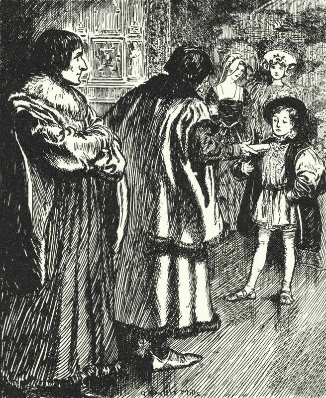 Erasmus tittar på Sir Thomas More som presenterar en dikt han skrivit till den unge prins Henrik, blivande kung Henrik VIII av Alfred Wallis Mills
