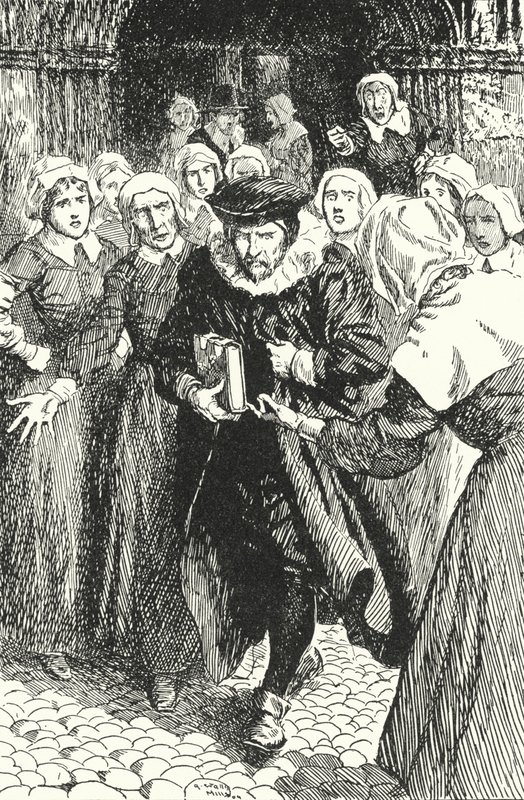 Den skotske prästen William Annand fördömdes av kvinnorna i Edinburgh för att ha predikat från den nya bönboken i St Giles Cathedral, 1637 av Alfred Wallis Mills